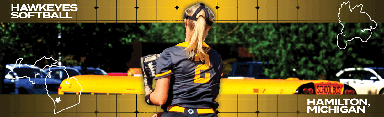 A woman wearing a softball uniform and a glove. Description generated by AI