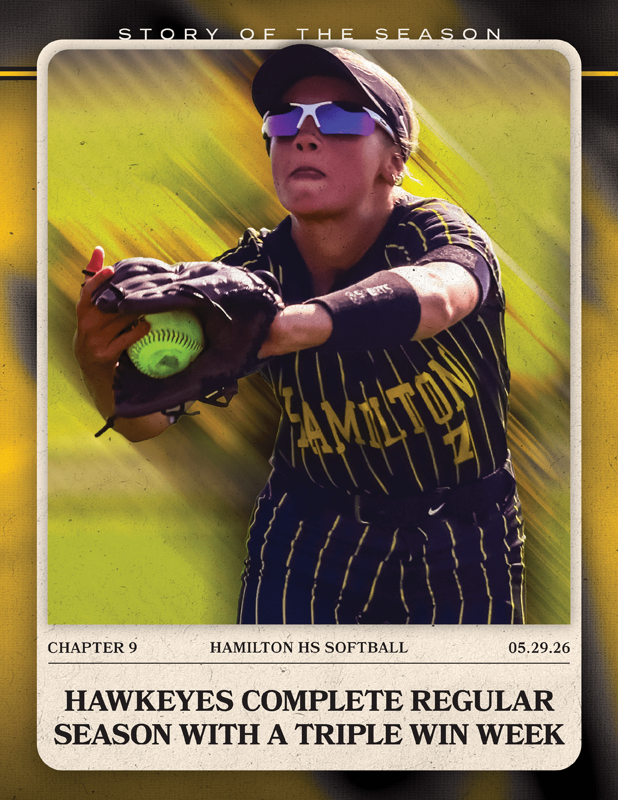 A girl wearing a baseball uniform holding a ball. Description generated by AI