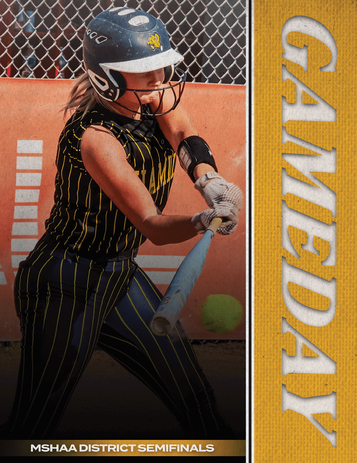 A woman in a yellow and black shirt swinging a bat. Description generated by AI