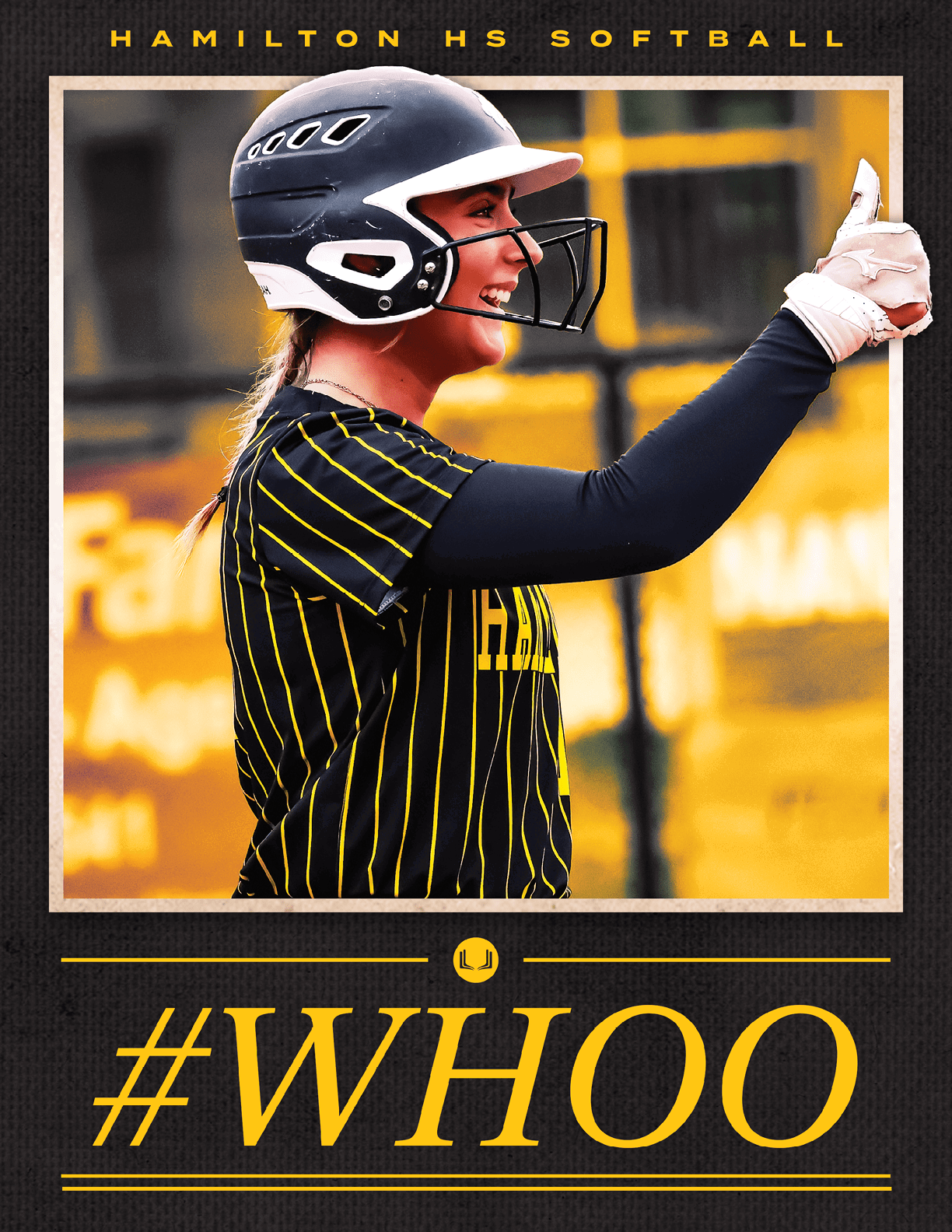 A girl wearing a black and yellow softball uniform. Description generated by AI