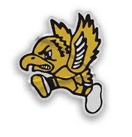 A yellow and black logo for the Hawkeyes. Description generated by AI
