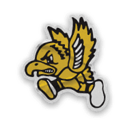 A yellow and black logo for the Hawkeyes. Description generated by AI