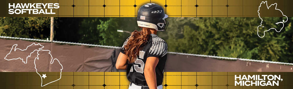 A girl wearing a softball uniform. Description generated by AI