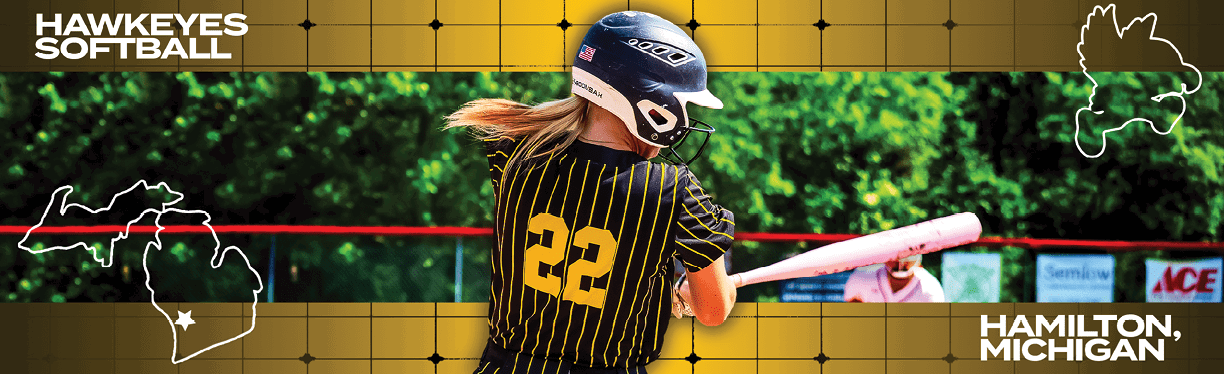 A woman wearing a softball uniform and helmet. Description generated by AI