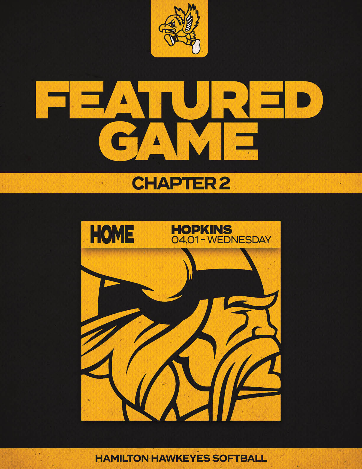 A yellow and black poster advertising a softball game. Description generated by AI