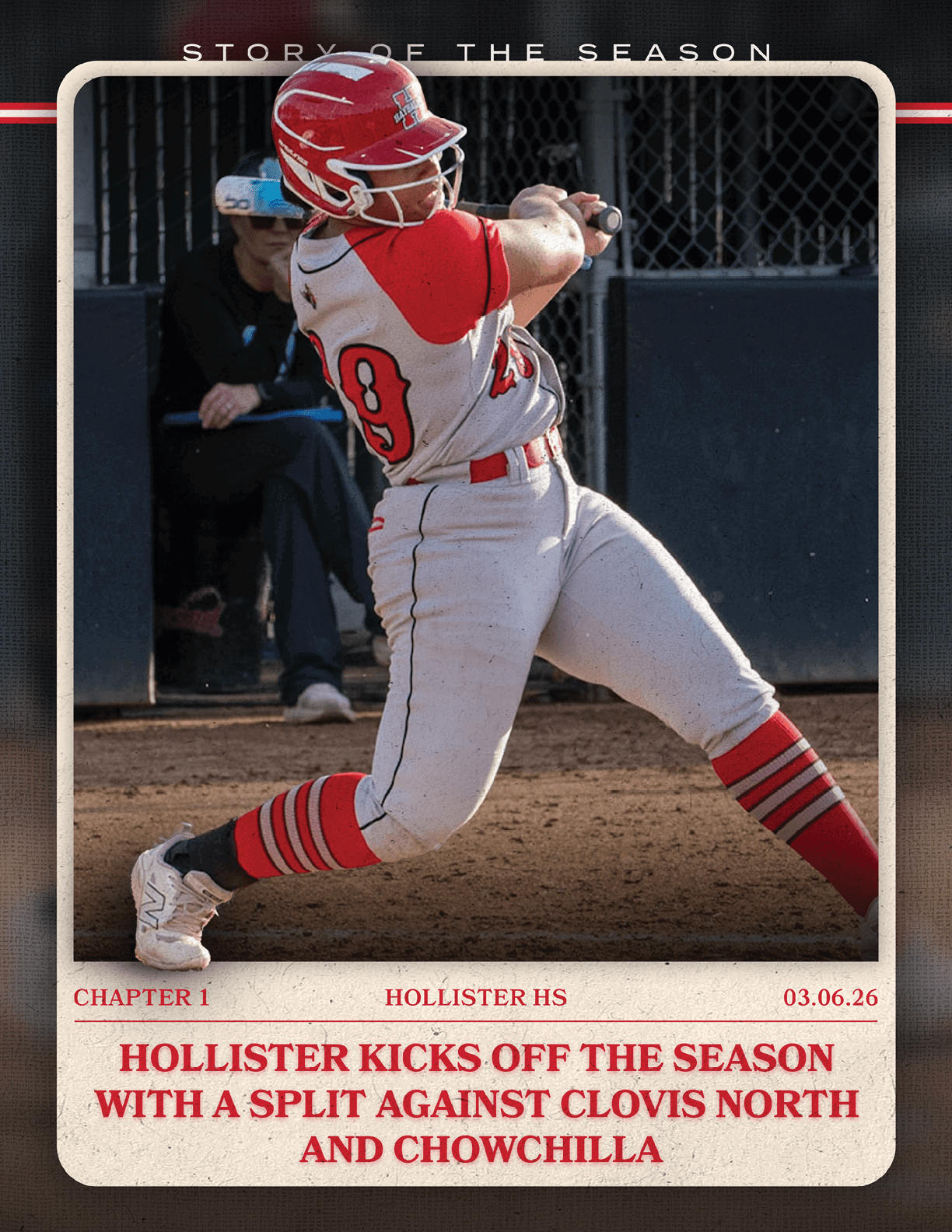 A female baseball player in a red and white uniform is swinging a bat. AI generated content