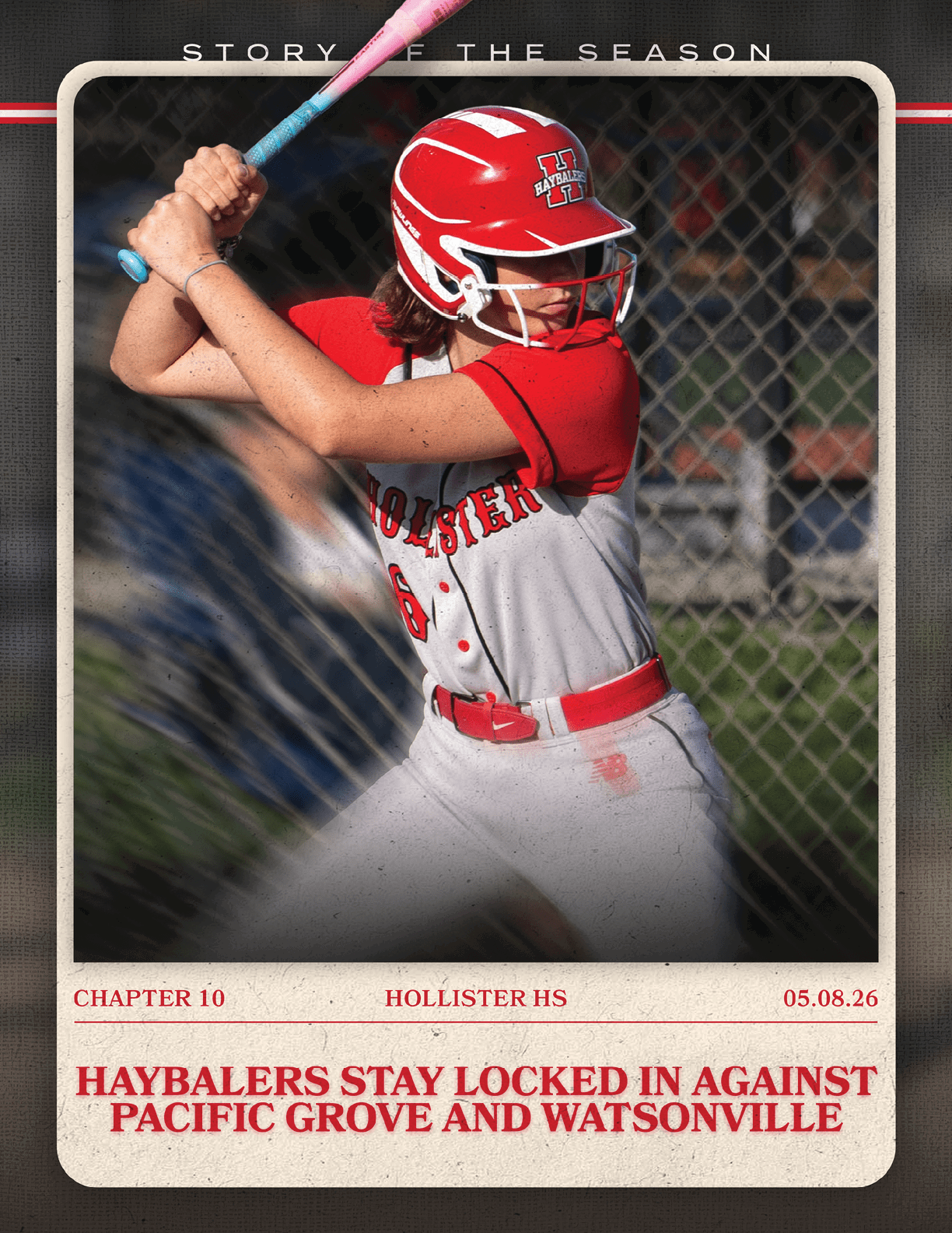 A baseball player in a red and white uniform holding a bat. Description generated by AI