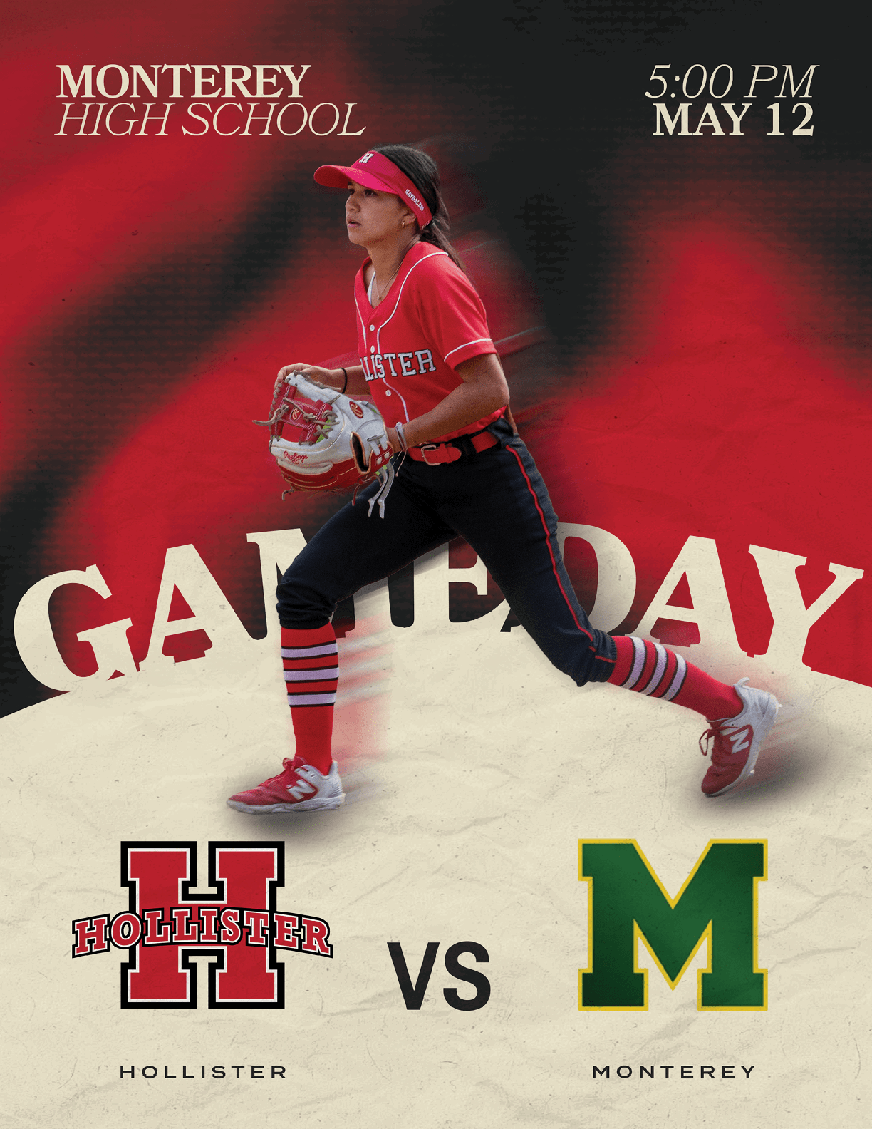 A poster advertising a softball game between Hollistar and Monte Vista High School. Description generated by AI