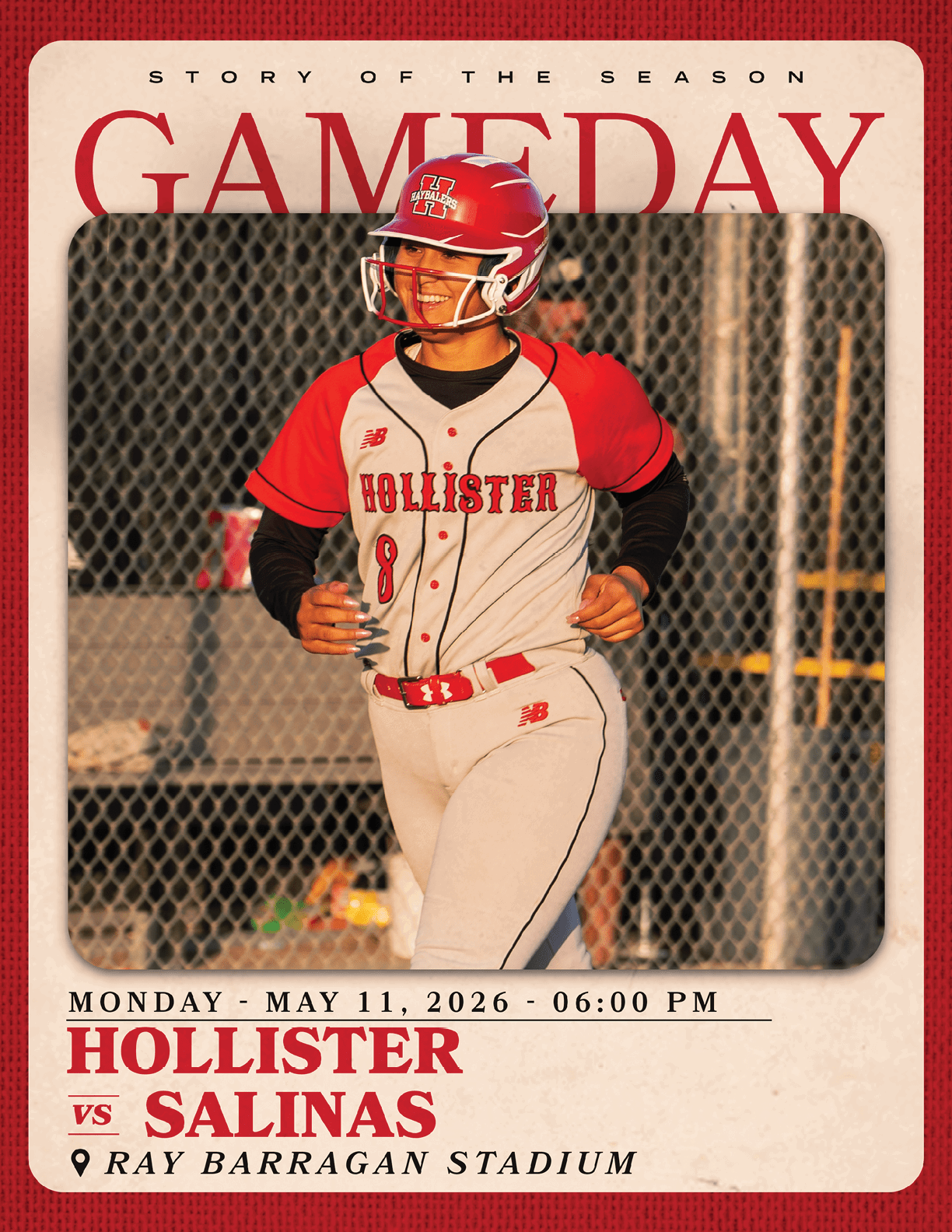 A red and white advertisement for a baseball game. Description generated by AI