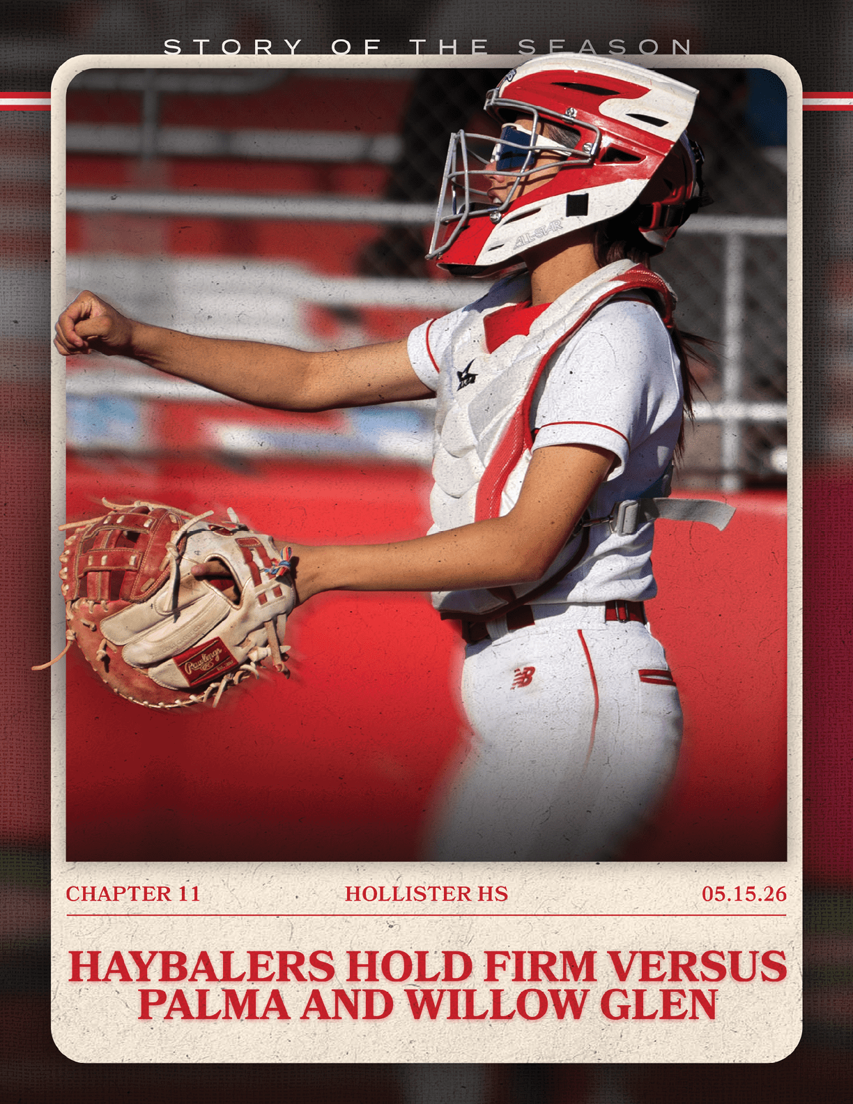 A girl wearing a catcher's mitt. Description generated by AI