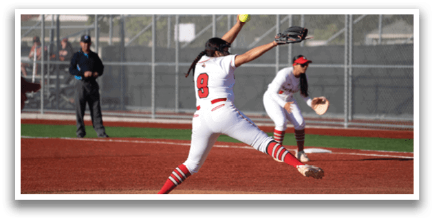 A woman wearing a red and white uniform is pitching a ball. Description generated by AI