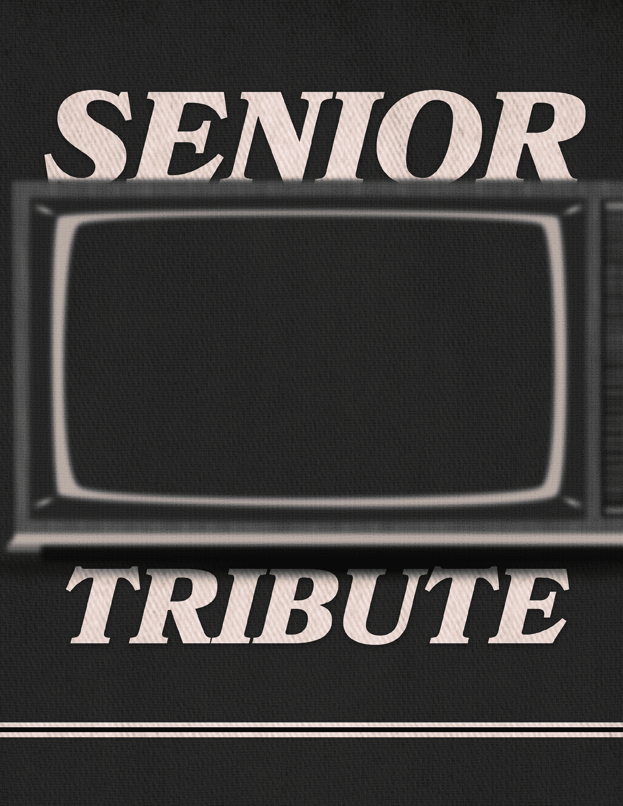 A black and white television screen with the words “senior tribute" written on it. Description generated by AI