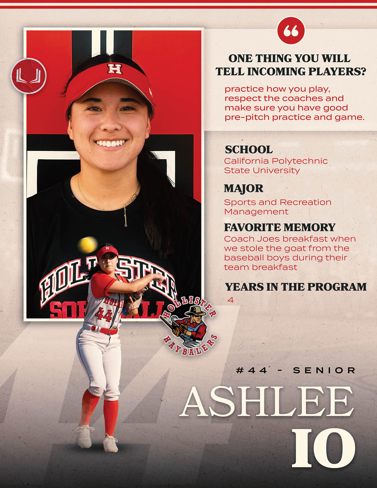 A woman wearing a red and white uniform. Description generated by AI
