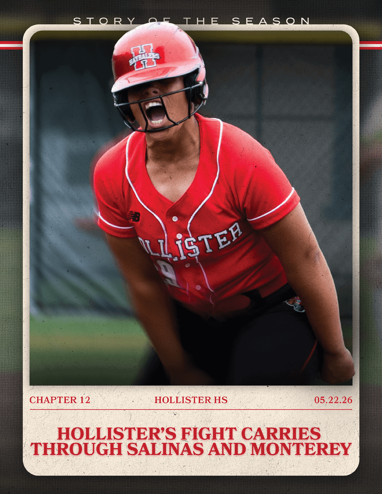 A female baseball player wearing a red and white jersey. Description generated by AI