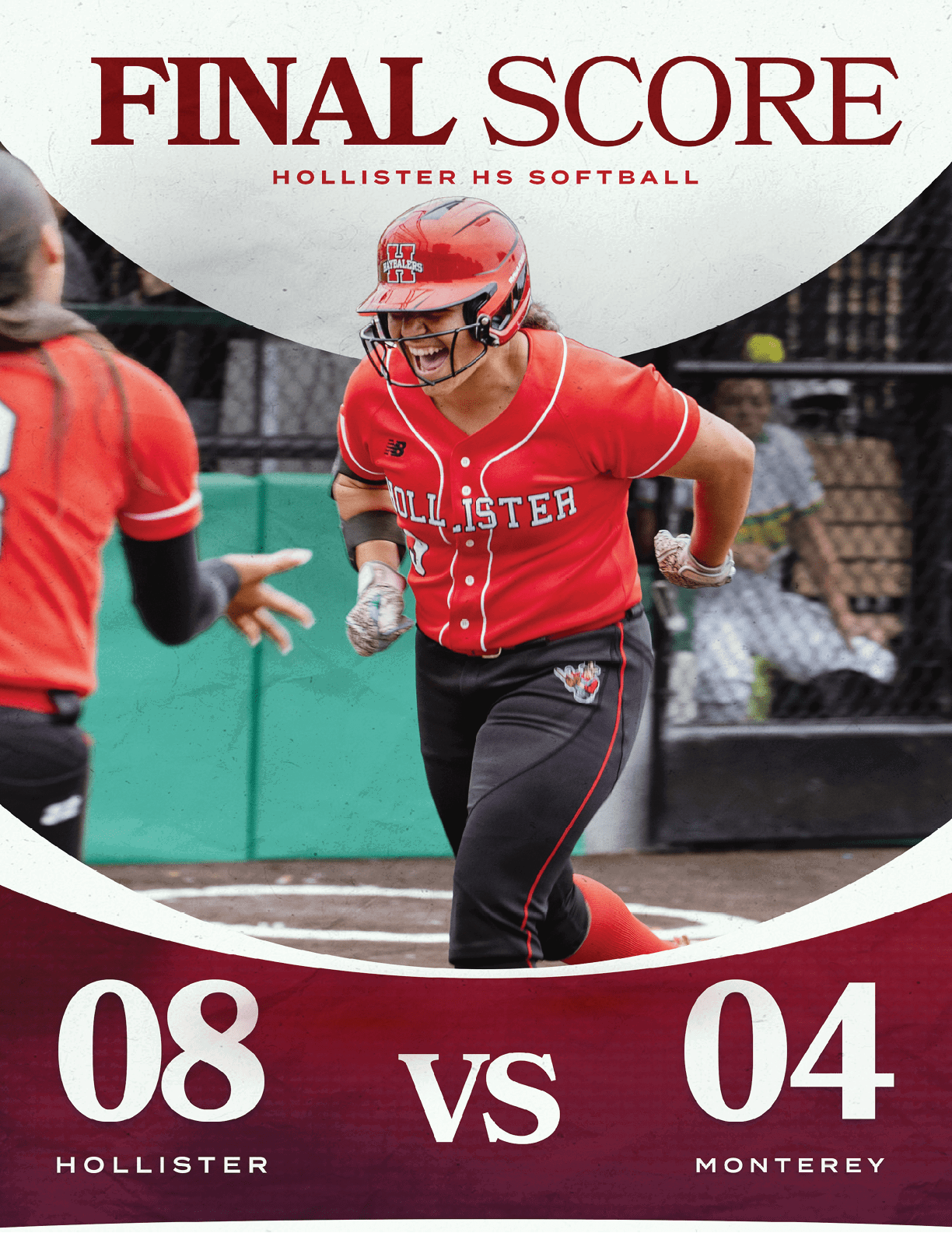A red and white softball game between Hollister and Montezuma. Description generated by AI