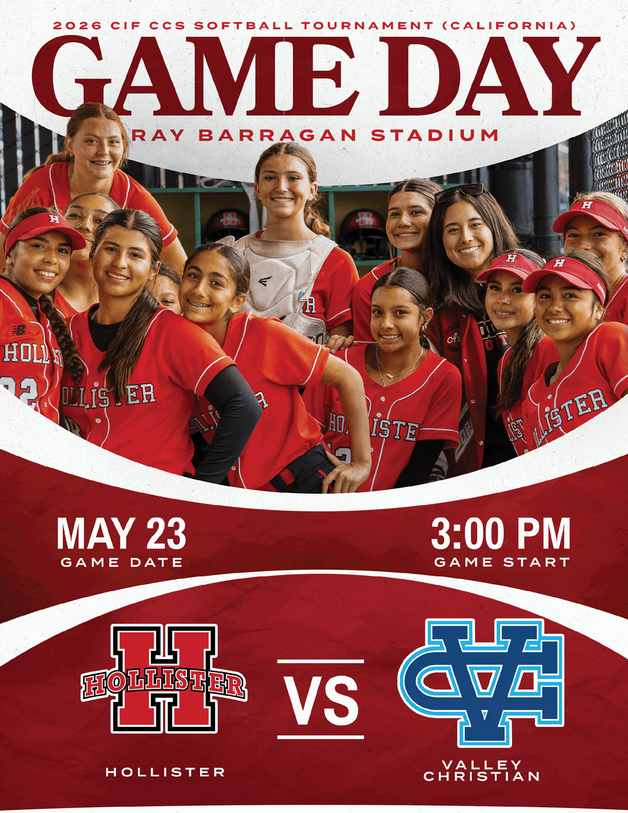 A poster advertising a softball game between Hollister and Valley Christian. Description generated by AI
