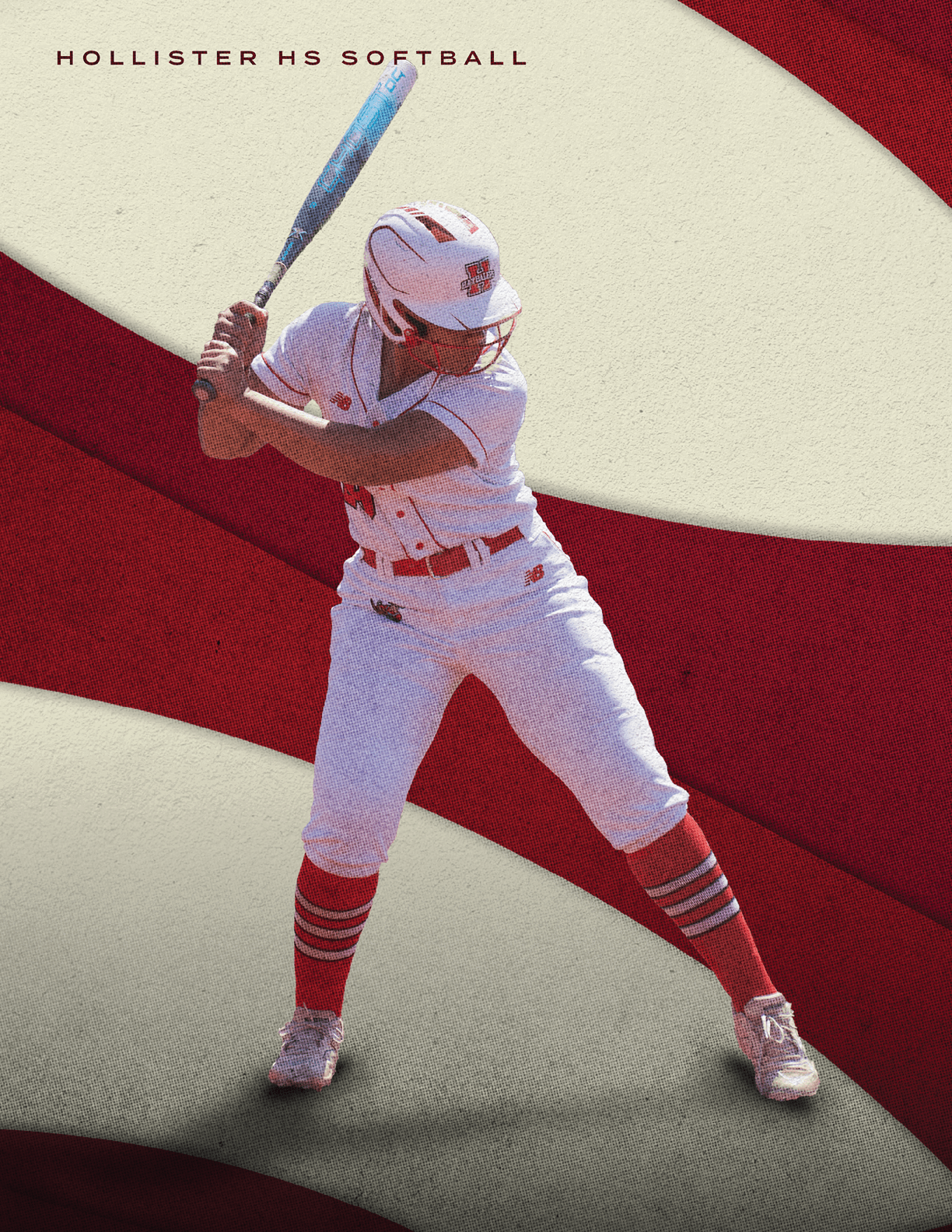 A woman wearing a red and white uniform is swinging a bat. Description generated by AI
