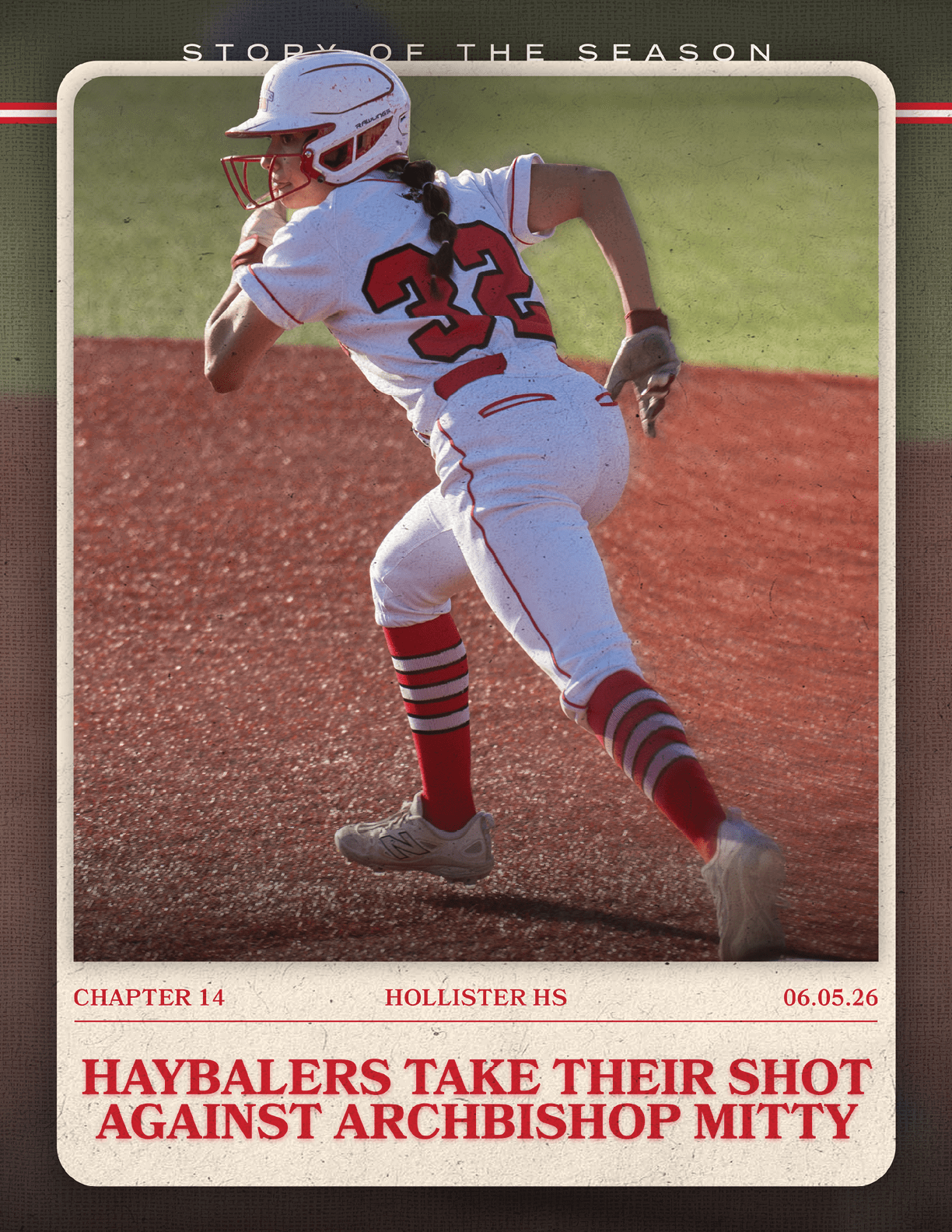 A female baseball player wearing a white and red uniform. Description generated by AI