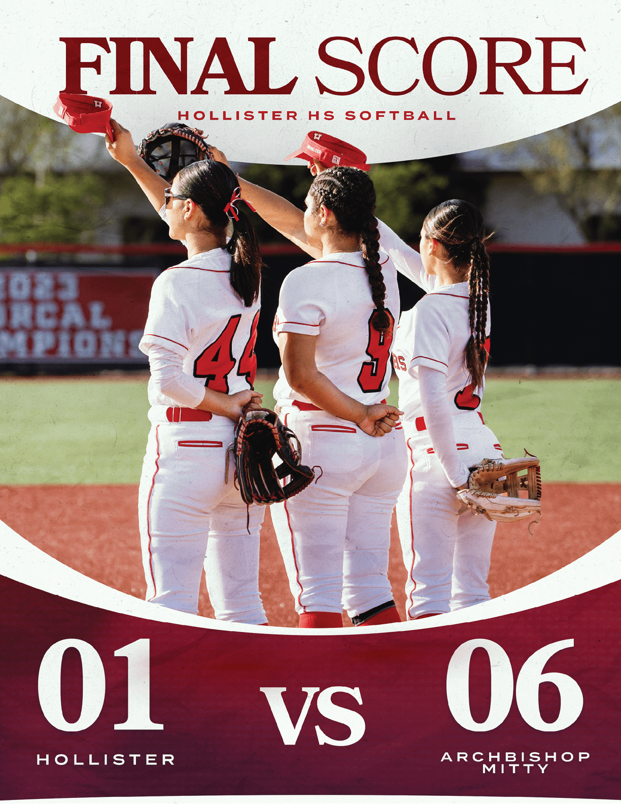 A poster of three girls wearing softball uniforms. Description generated by AI