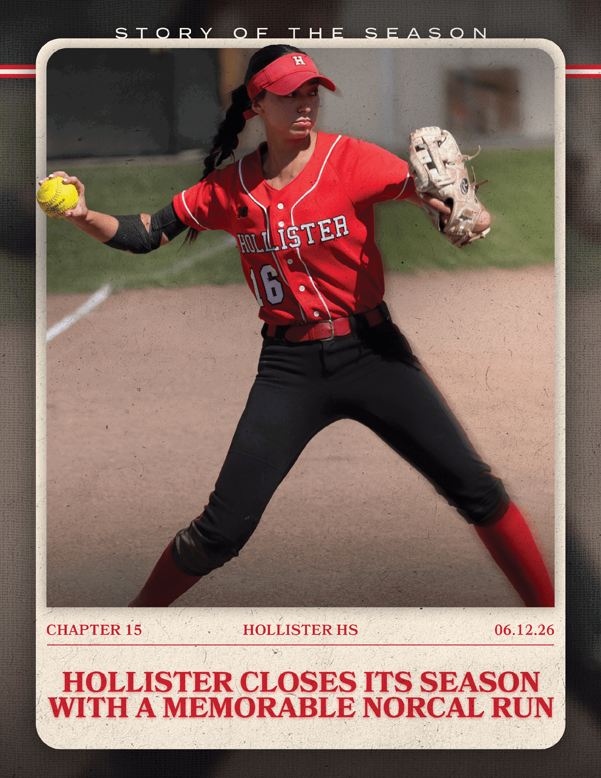 A female baseball player wearing a white and red uniform. Description generated by AI