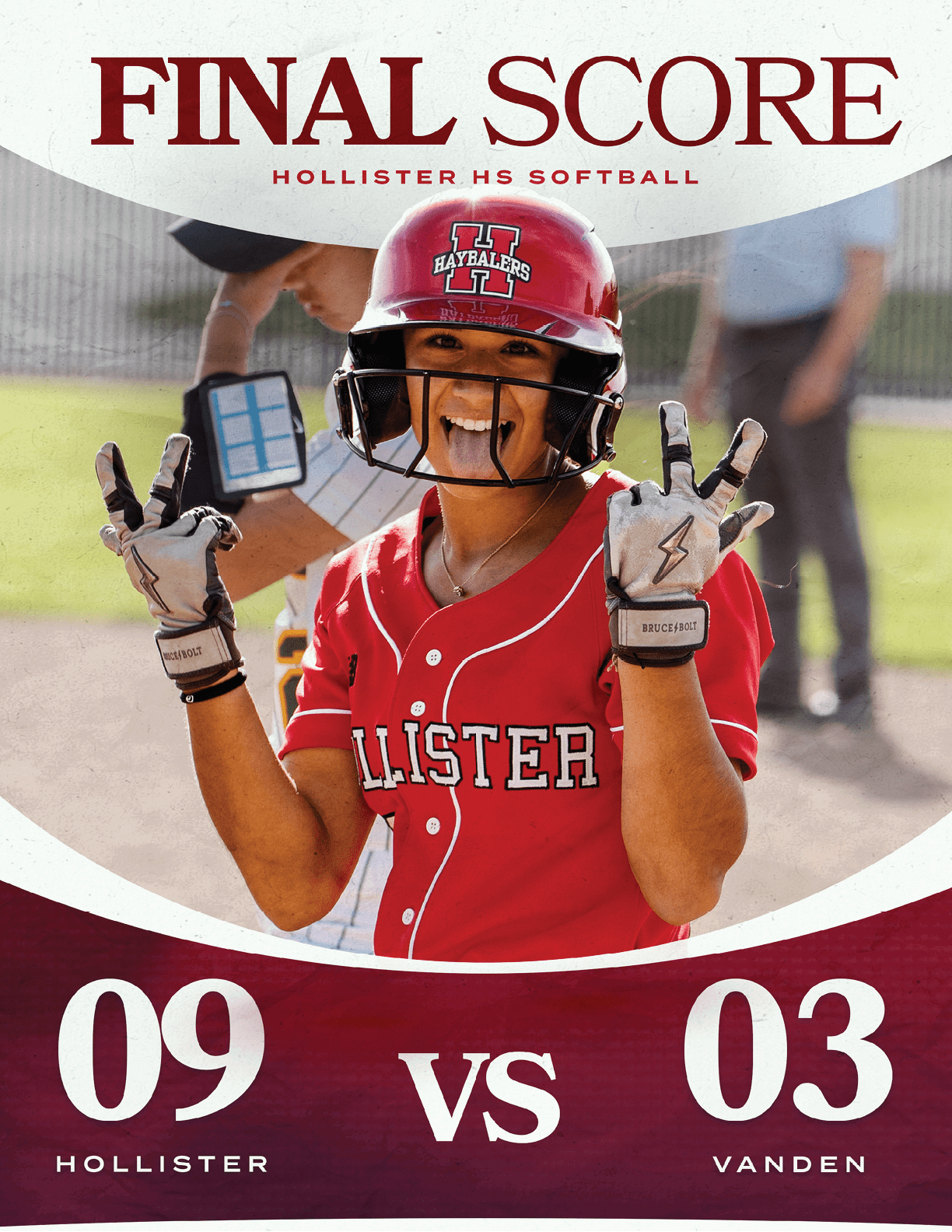 A poster of three girls wearing softball uniforms. Description generated by AI