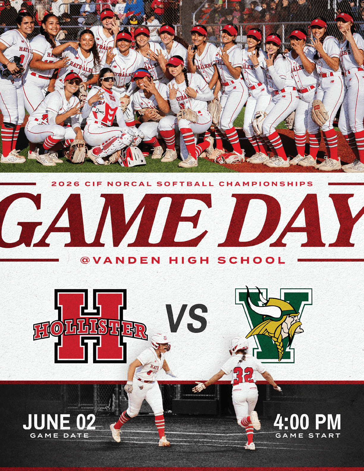 A poster advertising a softball game between Vanden and Hollister High School. Description generated by AI
