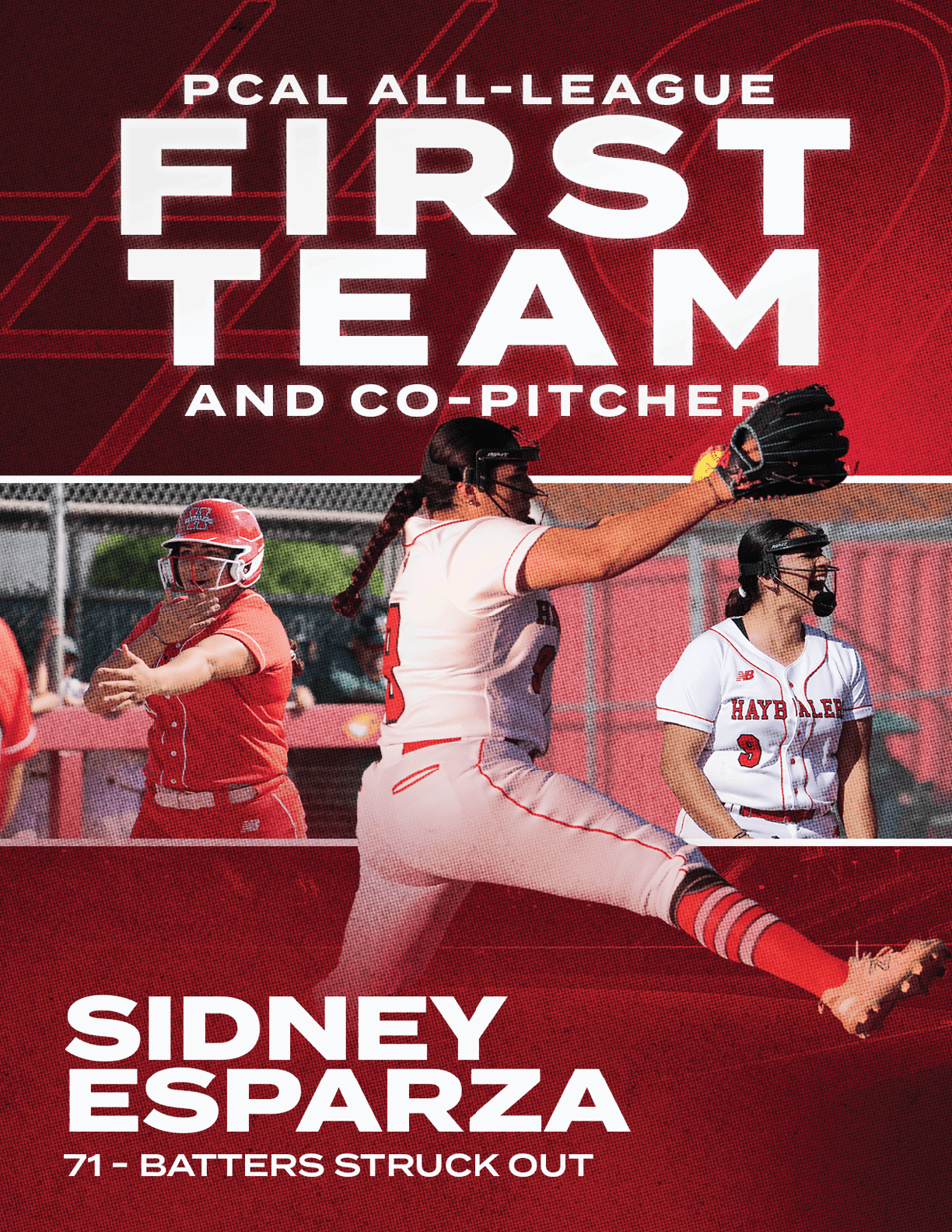 A female baseball player in a red jersey and white pants with a black glove. Description generated by AI
