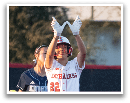 A female baseball player is holding her glove up in the air, ready to catch the ball. AI generated content