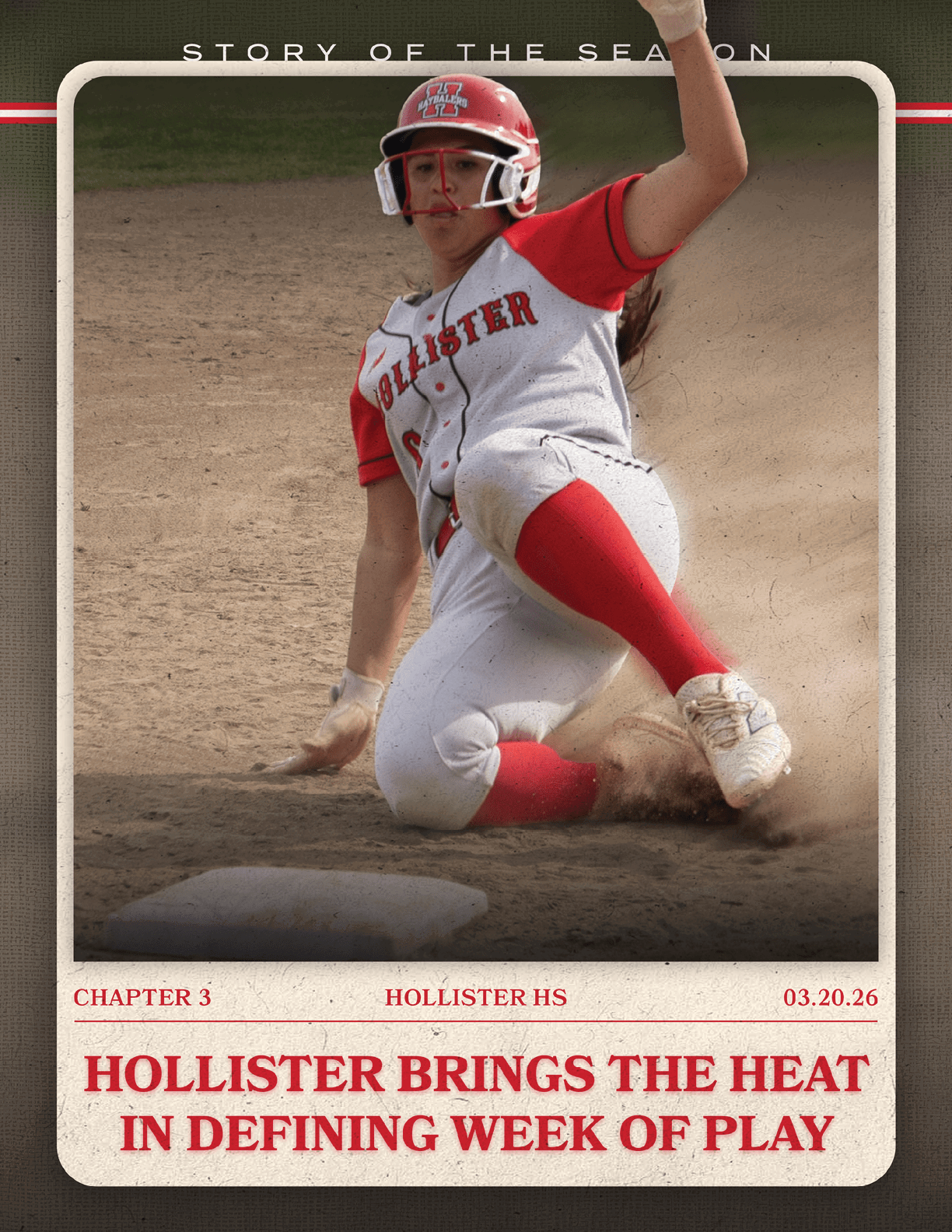 A female baseball player in a red and white uniform slides into home plate. AI generated content