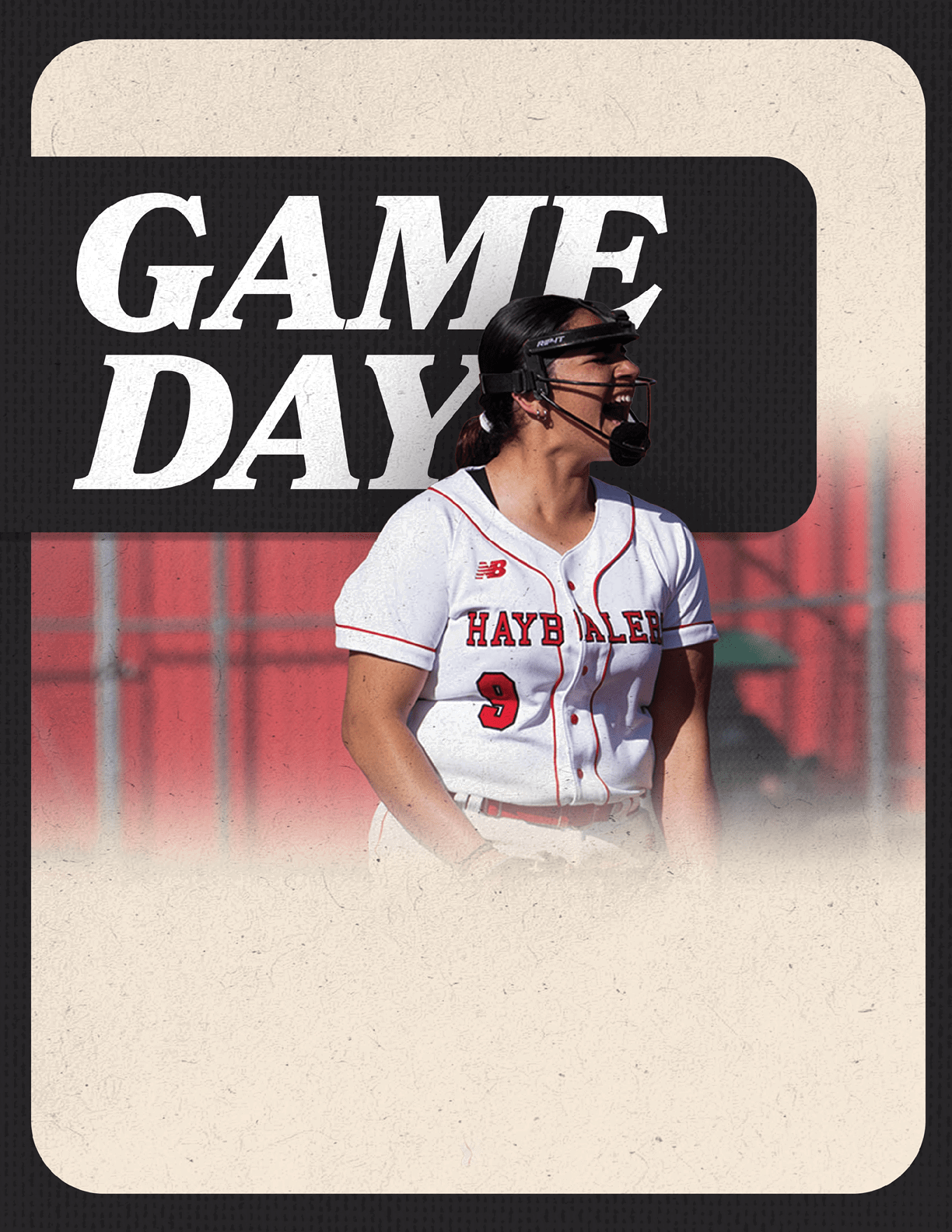 A female baseball player wearing a red and white uniform with the number 9 on it. AI generated content