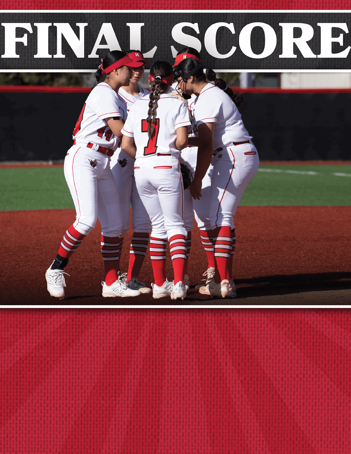 Four female softball players huddle together on the field. AI generated content