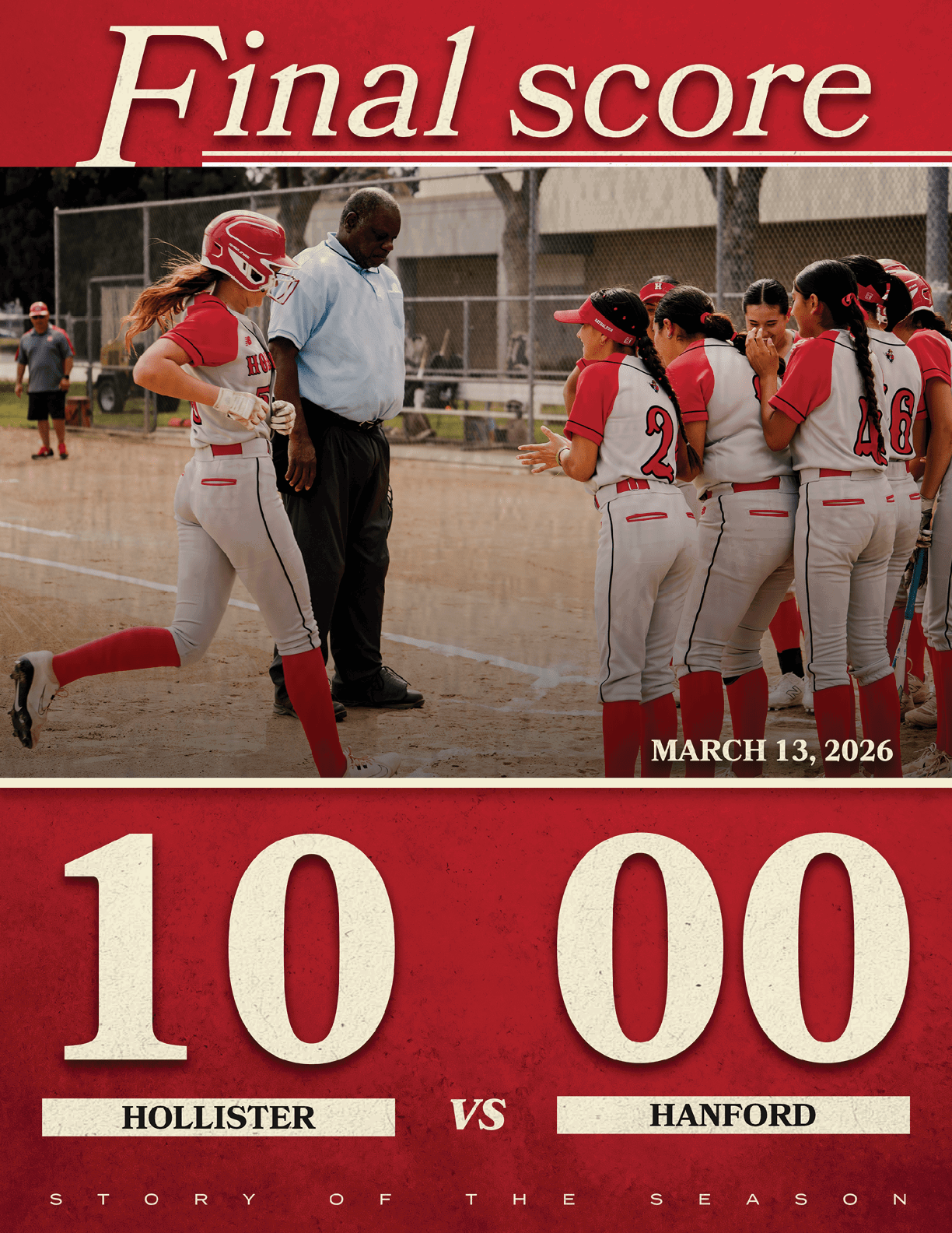 A group of female softball players are on the field, with one of them wearing a red shirt. The score is 10-0 in favor of the team in red. AI generated content
