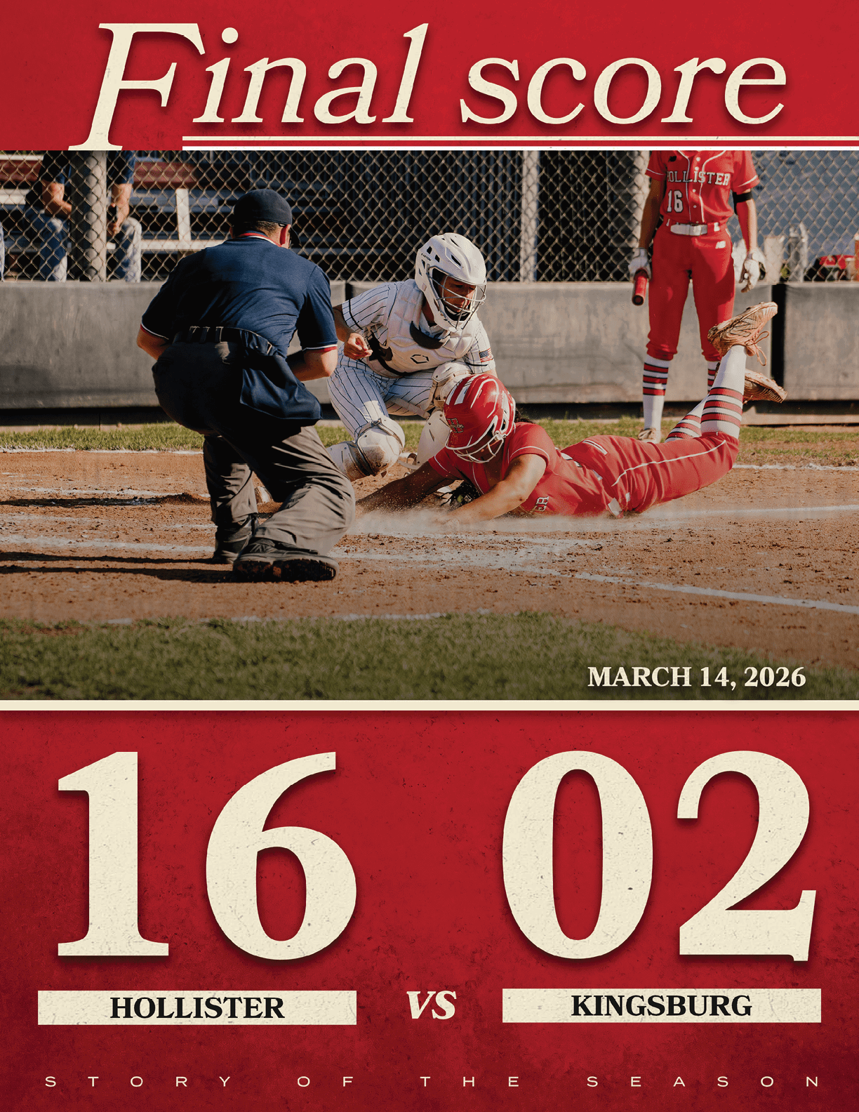 A baseball game is taking place with a player sliding into home plate. The umpire is making a call. The score is 16 to 0. AI generated content