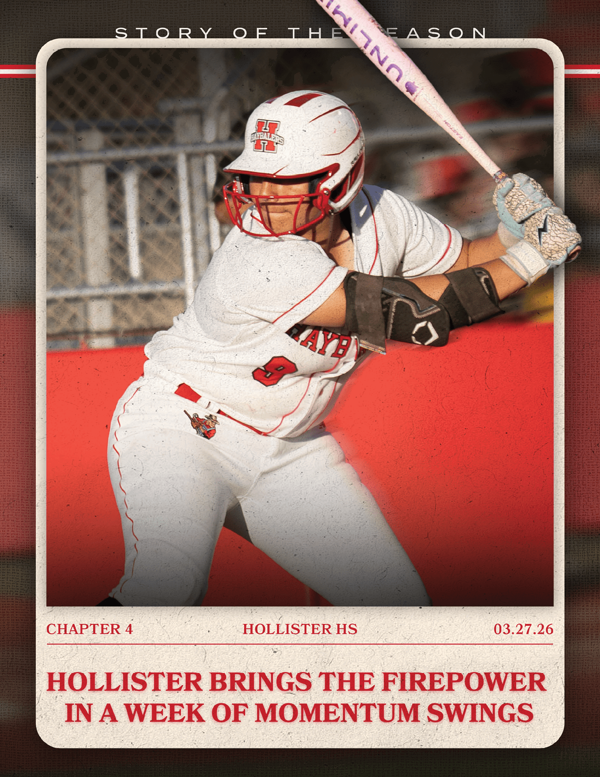 A female baseball player in a red and white uniform is swinging a bat. AI generated content