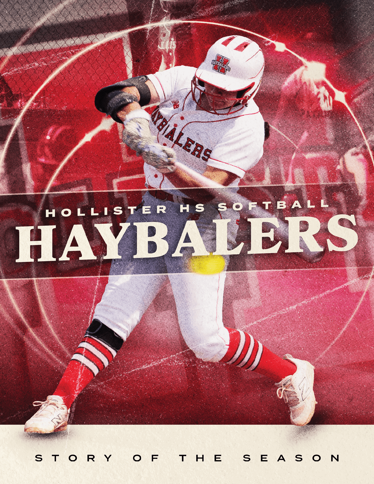 A female baseball player in a red and white uniform is swinging a bat. AI generated content