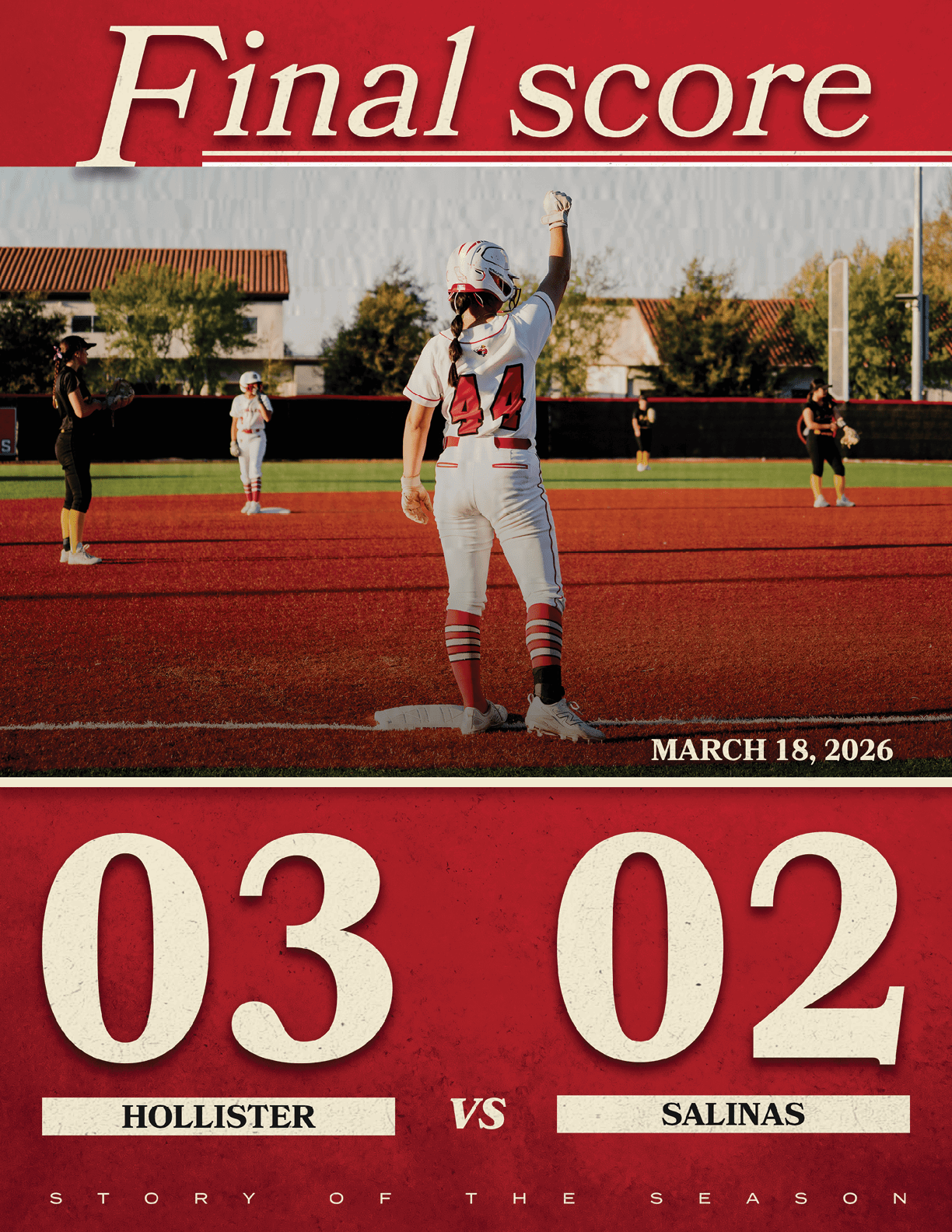 A female baseball player is standing on the field with her arms raised. AI generated content