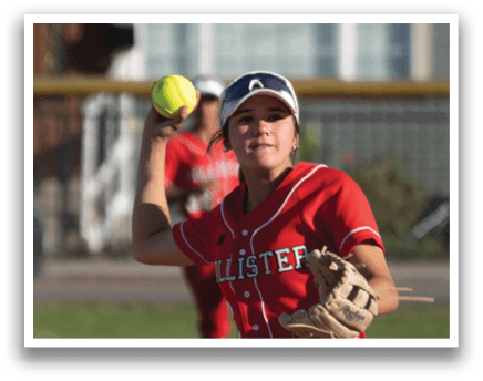 A woman in a red outfit is playing baseball, holding a ball in her hand. AI generated content