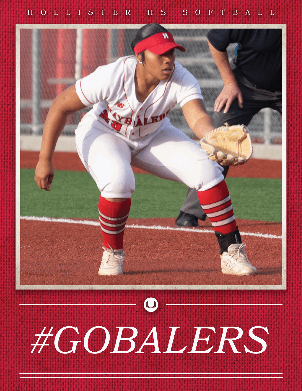 A female softball player in a white uniform is kneeling on the field, wearing a red and white hat. AI generated content