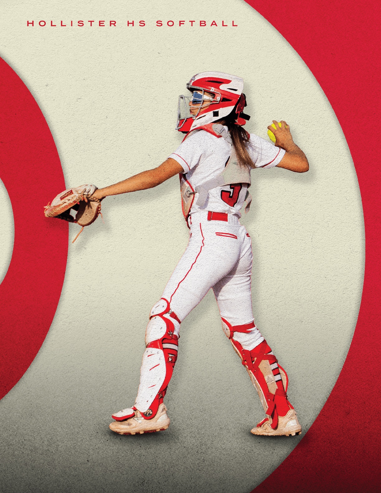 A female softball player in a white uniform with a red stripe and red shoes. She is holding a yellow ball in her right hand. AI generated content