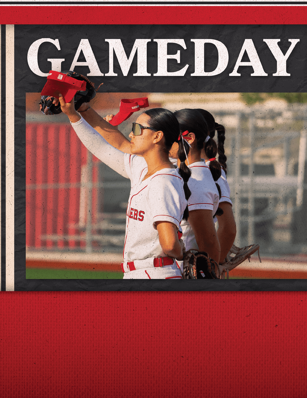 A woman wearing a red and white uniform is holding a catcher's mitt. AI generated content