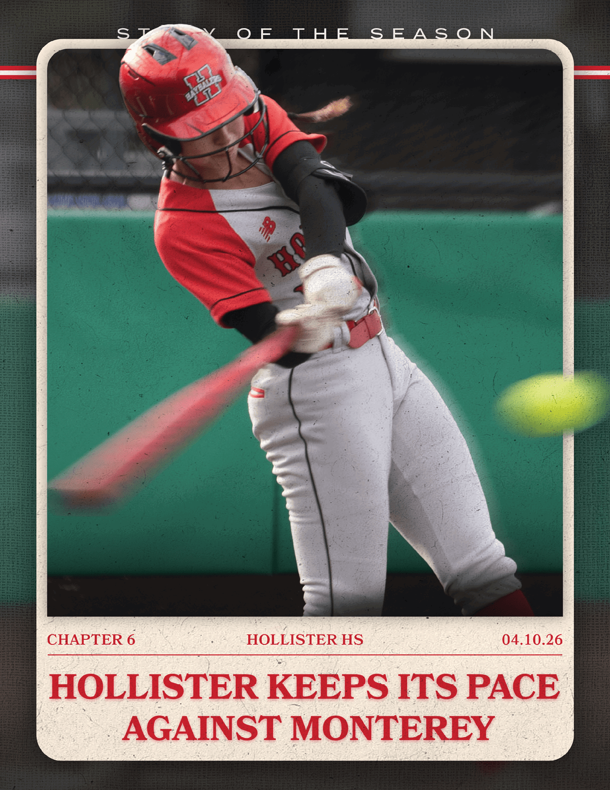 A woman in a red and white uniform swinging a bat. Description generated by AI