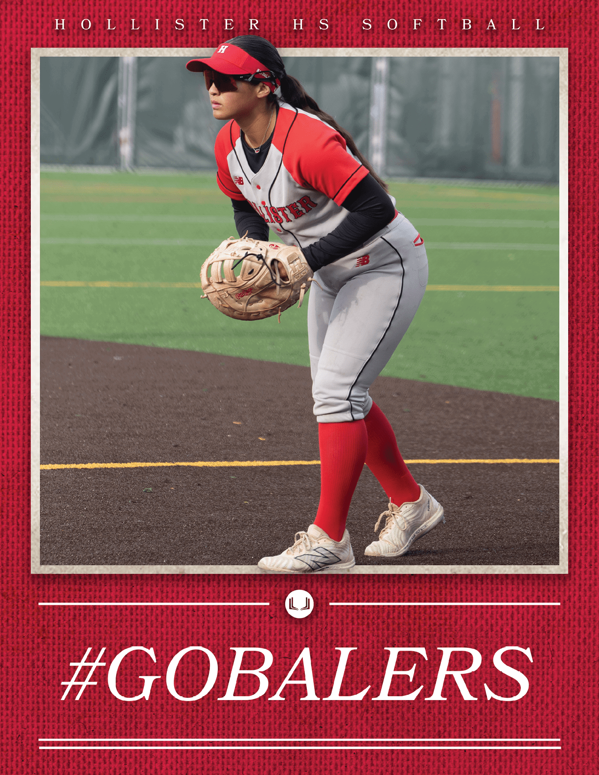 A female softball player wearing a red and white uniform. Description generated by AI
