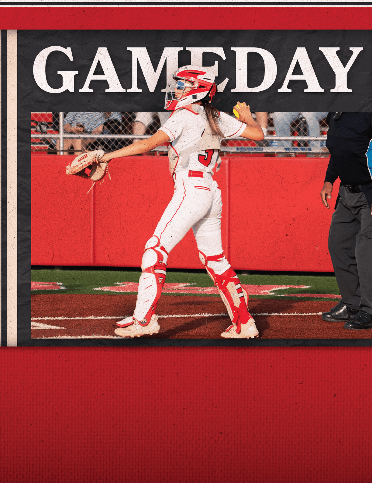 A girl wearing a white and red uniform is holding a baseball bat. Description generated by AI