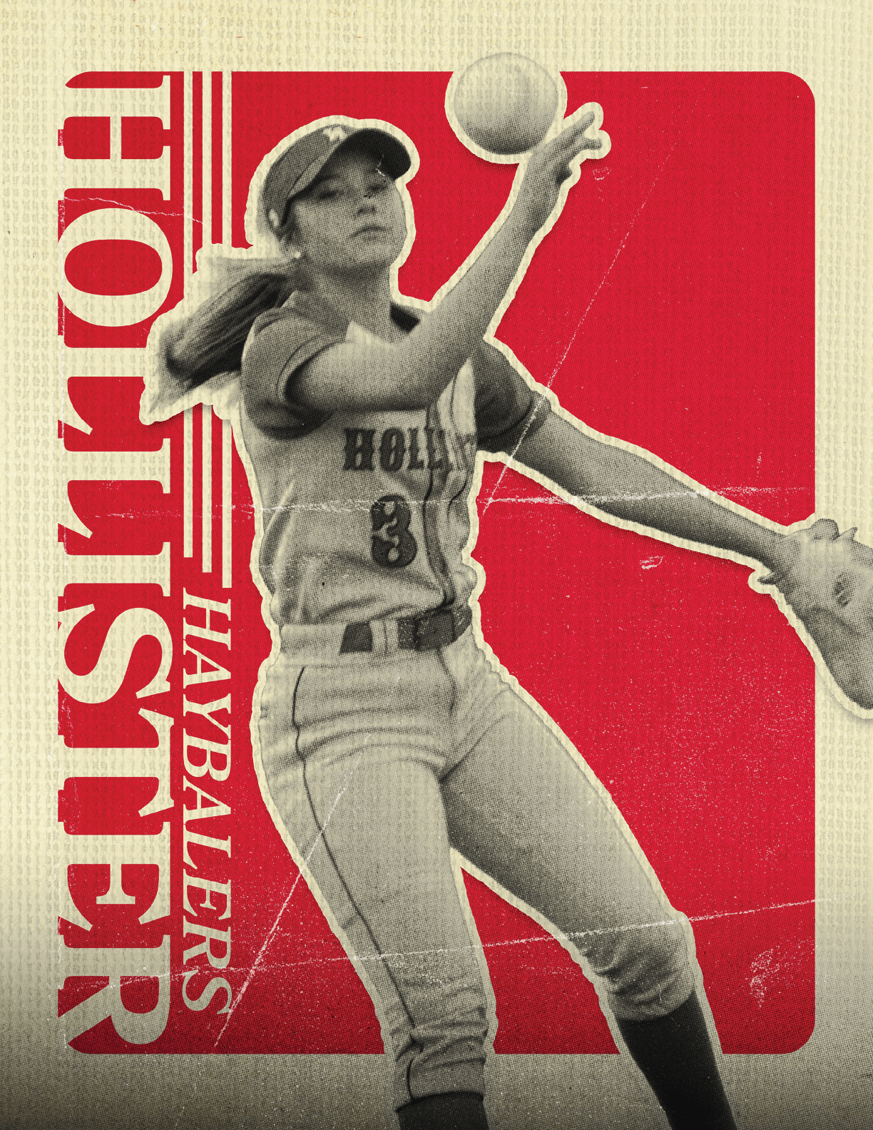 A woman wearing a baseball uniform and holding a ball. Description generated by AI