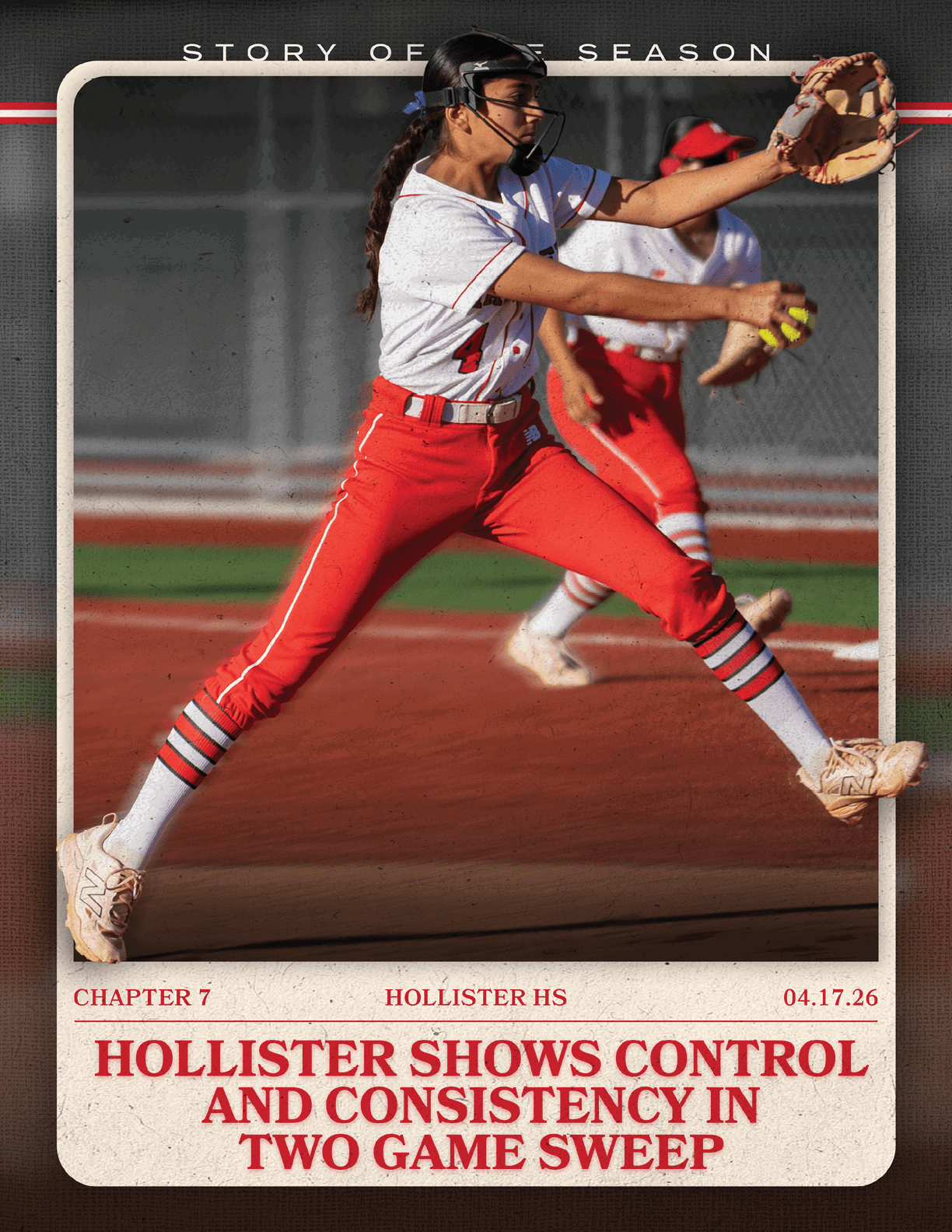 A baseball player wearing a red and white uniform. Description generated by AI