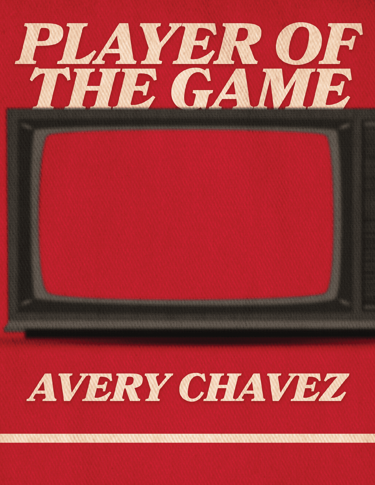 A red and white television screen with the words “Avery Chavez" written on it. Description generated by AI