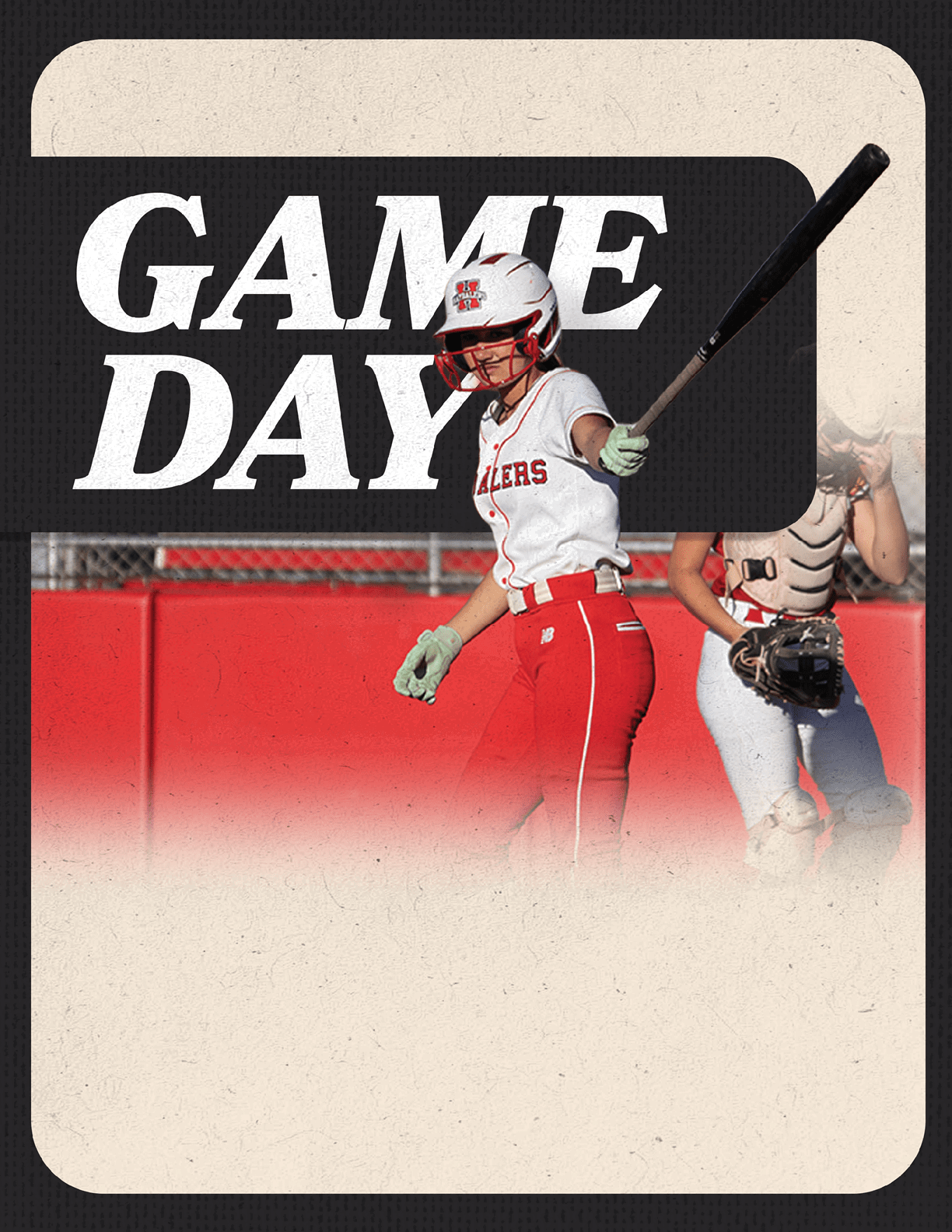 A woman wearing a red and white uniform holding a baseball bat. Description generated by AI