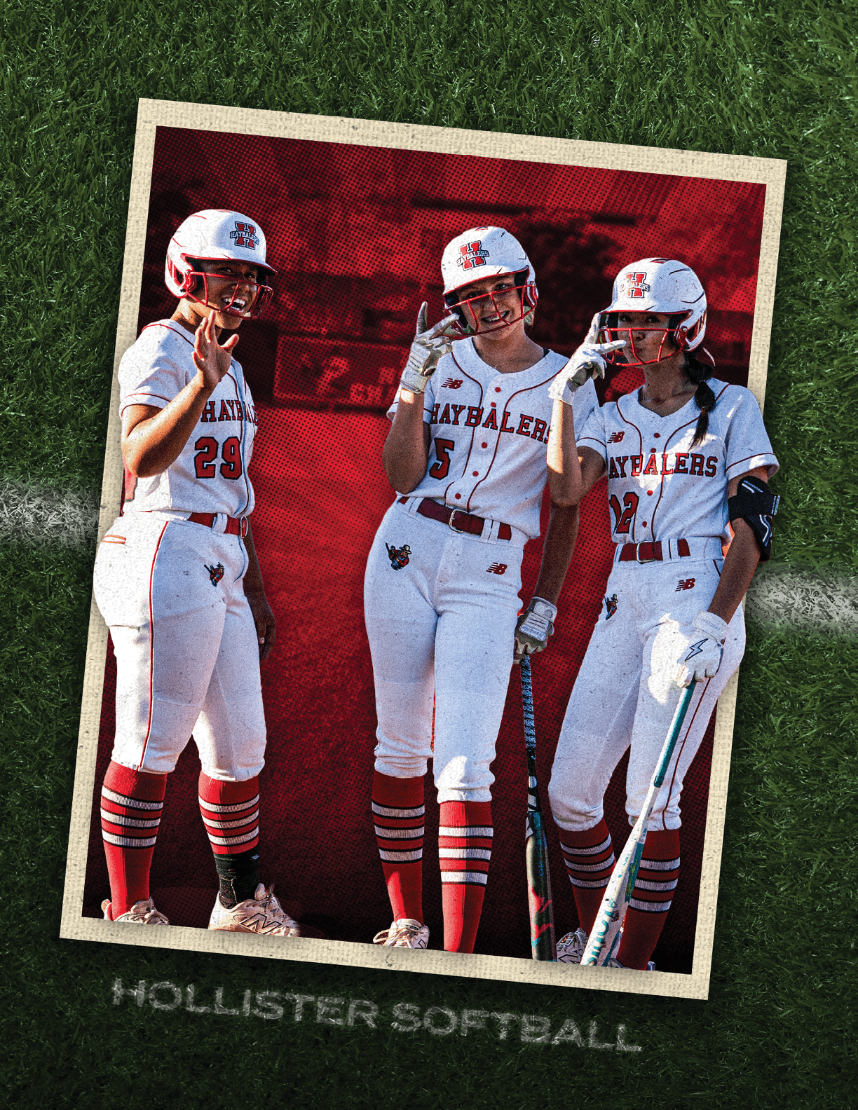 Three female softball players wearing red and white uniforms. Description generated by AI