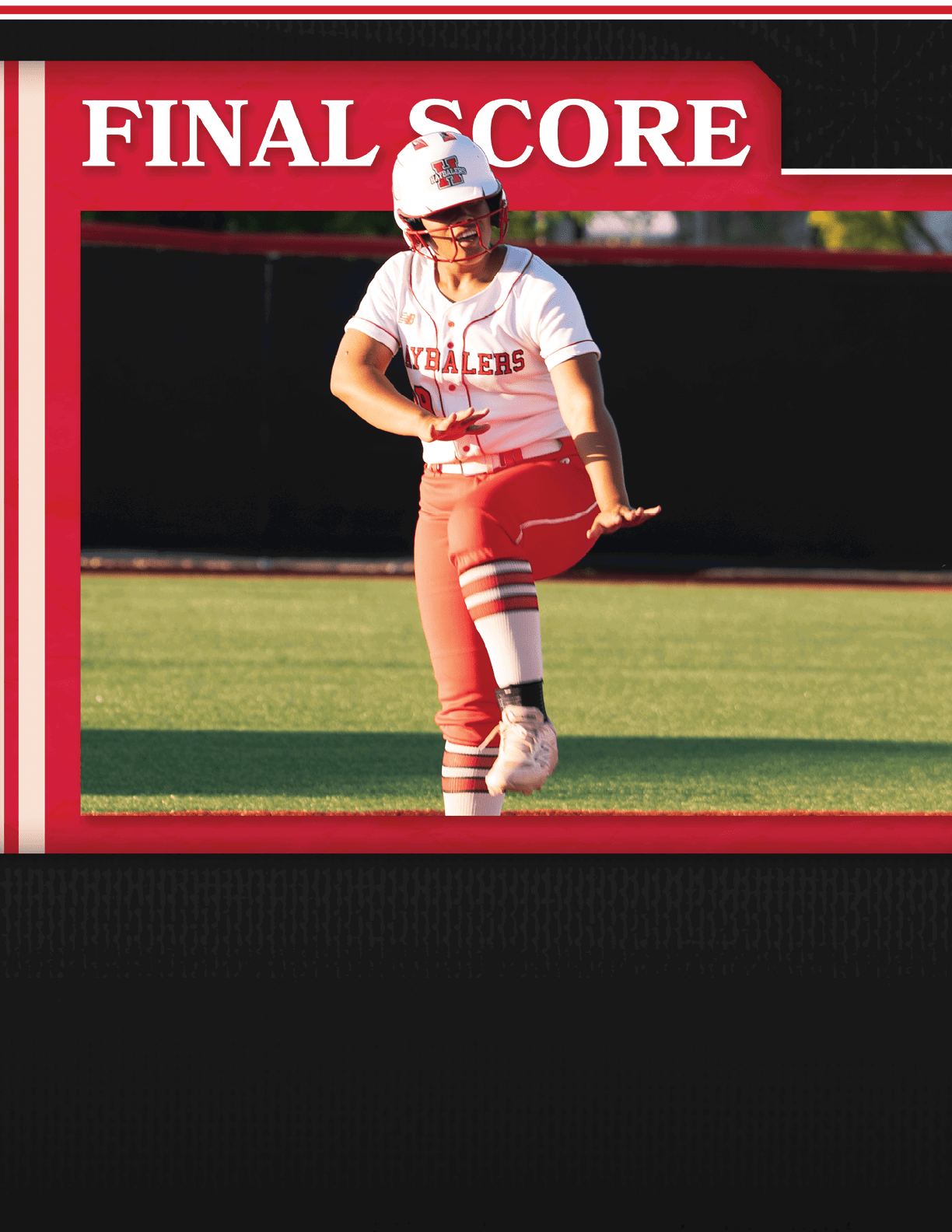 A woman wearing a red and white uniform is standing on a field. Description generated by AI