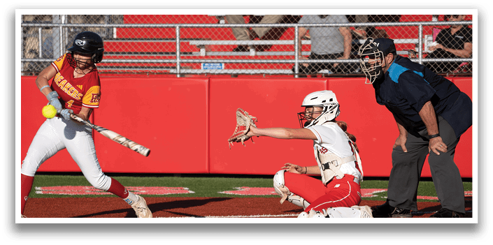 A baseball player is swinging a bat at a ball. Description generated by AI